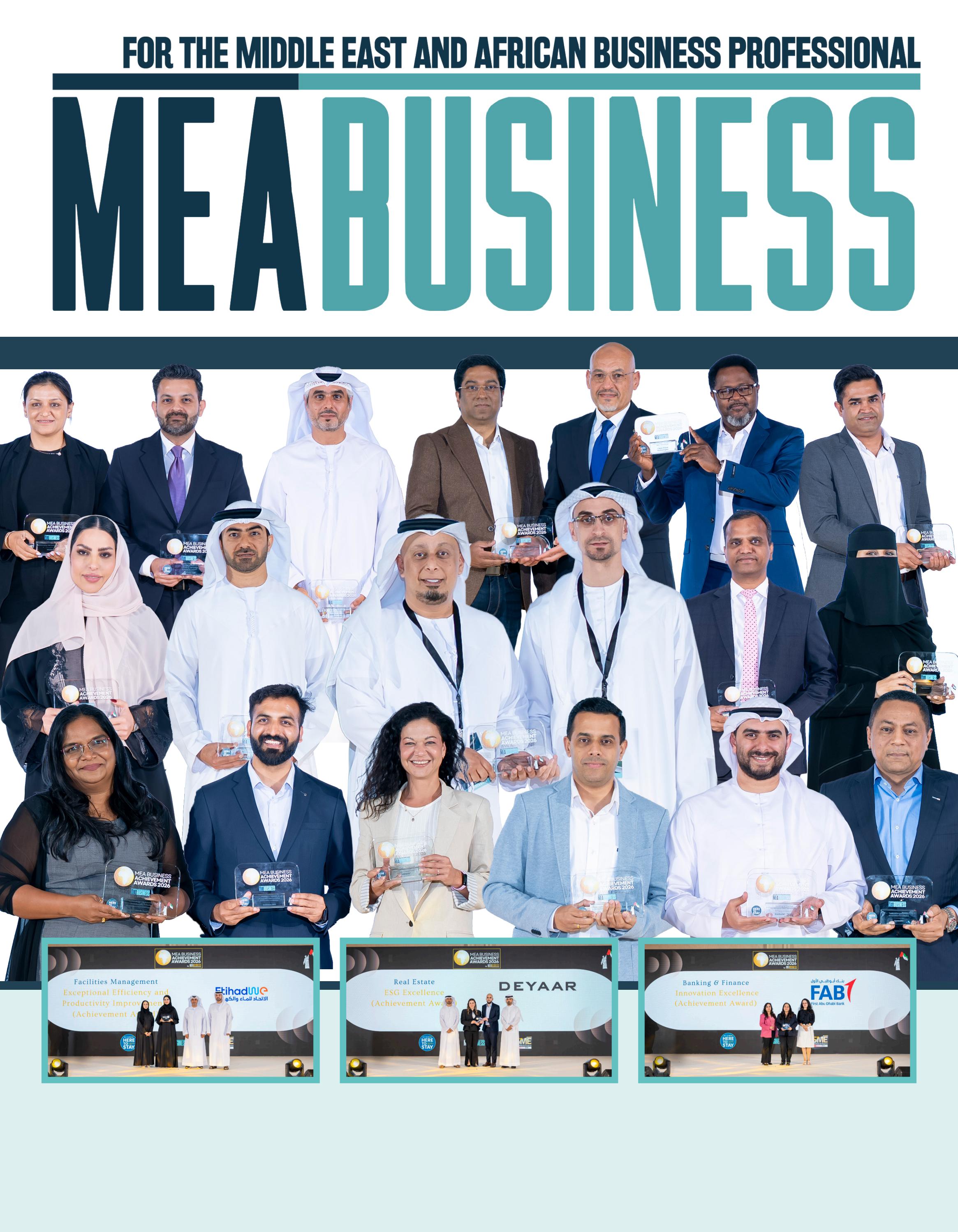 August 2026 MEA Business Magazine cover showing winners holding MEA Business Achievement Awards 2026 trophies